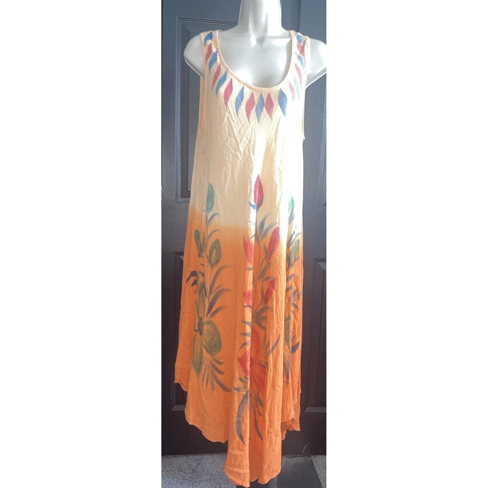 Vintage Zury 100% Rayon Hand Painted Orange Ombre Floral Maxi Dress Free Size
